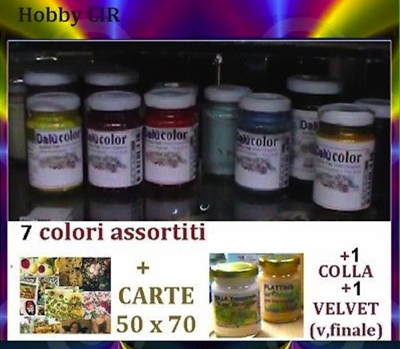 kit 7 COLORI ACRILICI da 100ml + Vernice + Colla + Carte Dec.